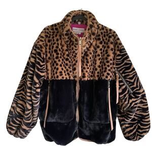 Nikki Jones Multi Print Faux Fur Jacket Balloon Sleeves Pockets Sz L Mob Wife